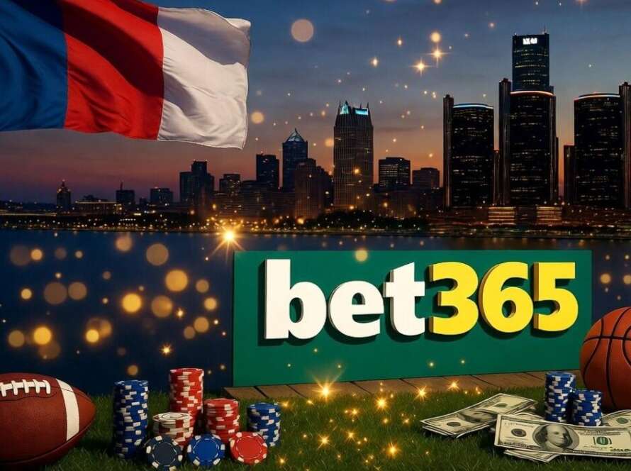 bet365 launches in Michigan 2026 – Detroit skyline with official bet365 logo and sports betting elements