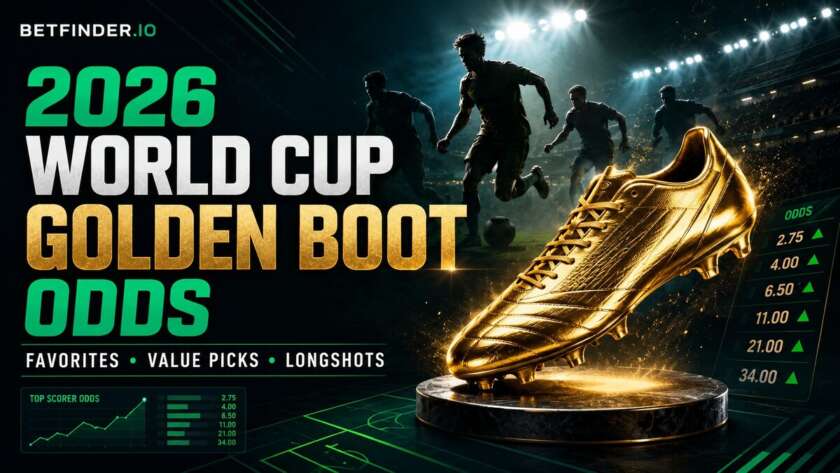 2026 World Cup Golden Boot odds featured image with a golden football boot, stadium lights, and Betfinder branding