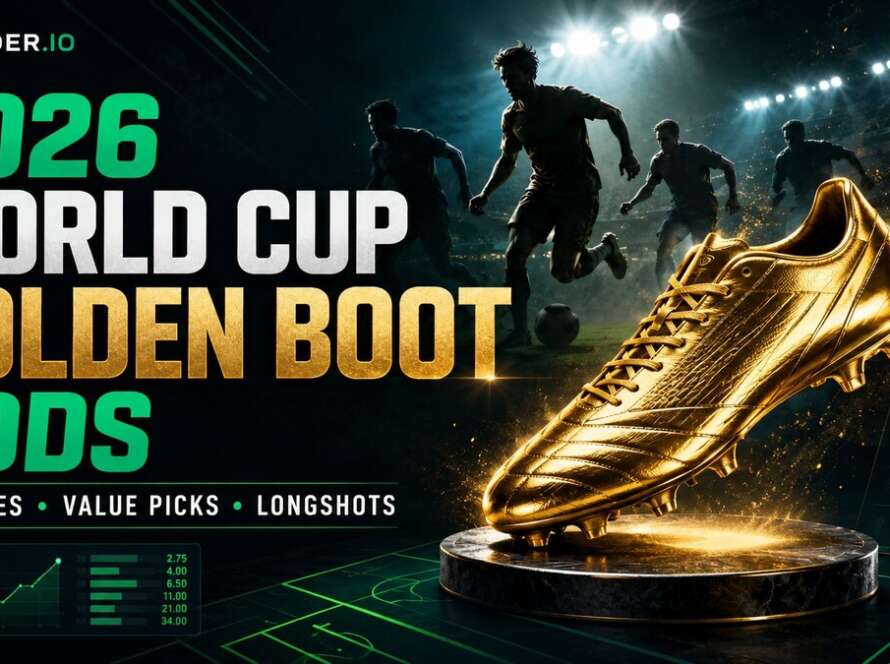 2026 World Cup Golden Boot odds featured image with a golden football boot, stadium lights, and Betfinder branding