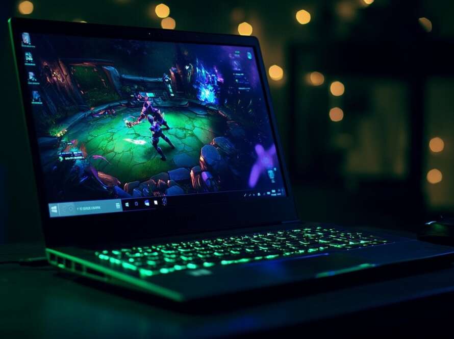 Laptop showing live League of Legends esports match with neon green keyboard lighting in a dark room