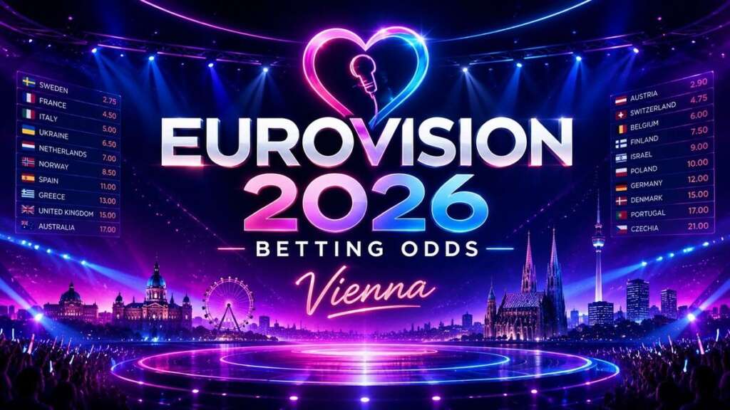 Eurovision 2026 betting odds preview graphic with Vienna skyline and song contest stage lights