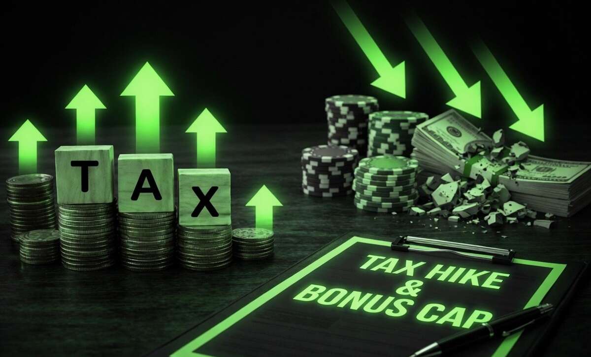 UK gambling tax pressure: glowing green TAX blocks stacked on coin piles with upward arrows, while downward arrows strike poker chips and cash bundles beside a clipboard reading "TAX HIKE & BONUS CAP".