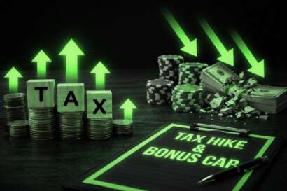 UK gambling tax pressure: glowing green TAX blocks stacked on coin piles with upward arrows, while downward arrows strike poker chips and cash bundles beside a clipboard reading "TAX HIKE & BONUS CAP".