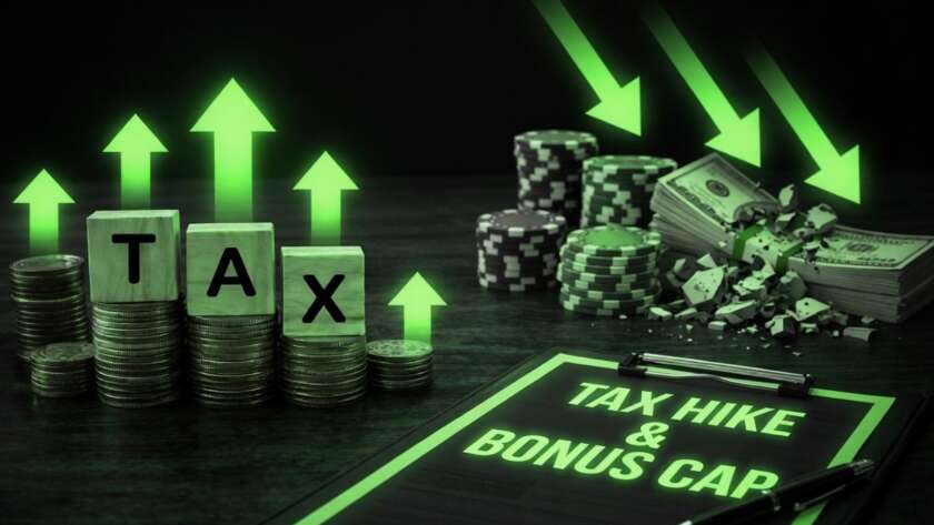 UK gambling tax pressure: glowing green TAX blocks stacked on coin piles with upward arrows, while downward arrows strike poker chips and cash bundles beside a clipboard reading "TAX HIKE & BONUS CAP".