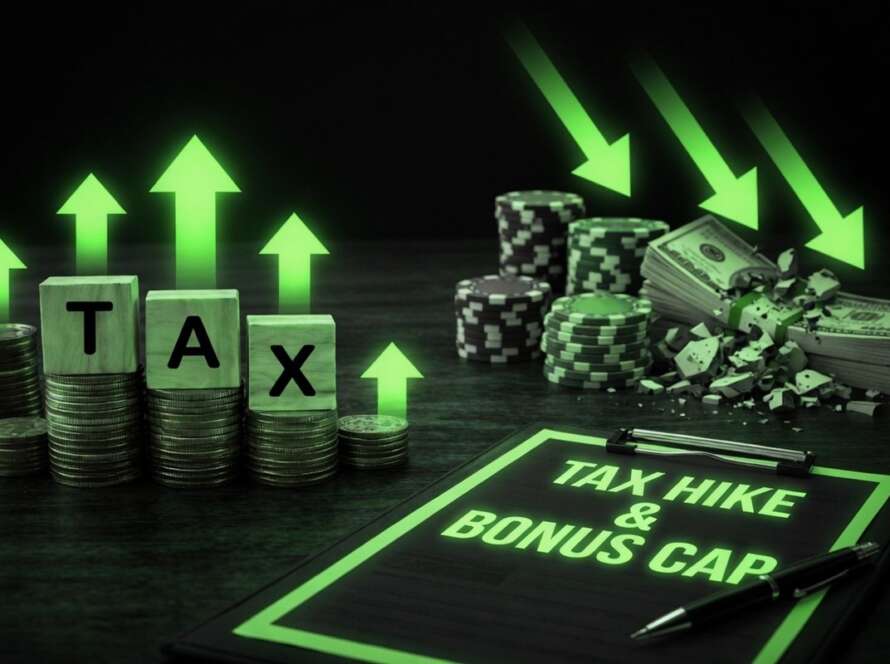 UK gambling tax pressure: glowing green TAX blocks stacked on coin piles with upward arrows, while downward arrows strike poker chips and cash bundles beside a clipboard reading "TAX HIKE & BONUS CAP".