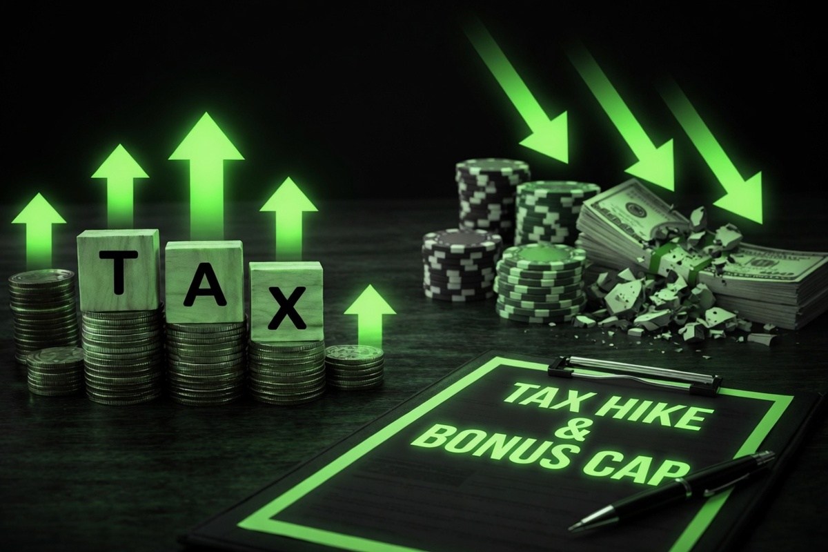 UK gambling tax pressure: glowing green TAX blocks stacked on coin piles with upward arrows, while downward arrows strike poker chips and cash bundles beside a clipboard reading "TAX HIKE & BONUS CAP".