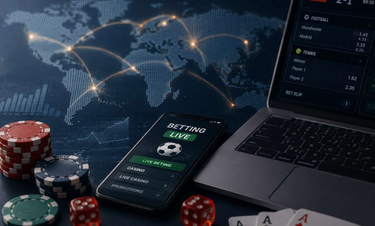 Unregulated online gambling market shown through global betting data and digital casino imagery