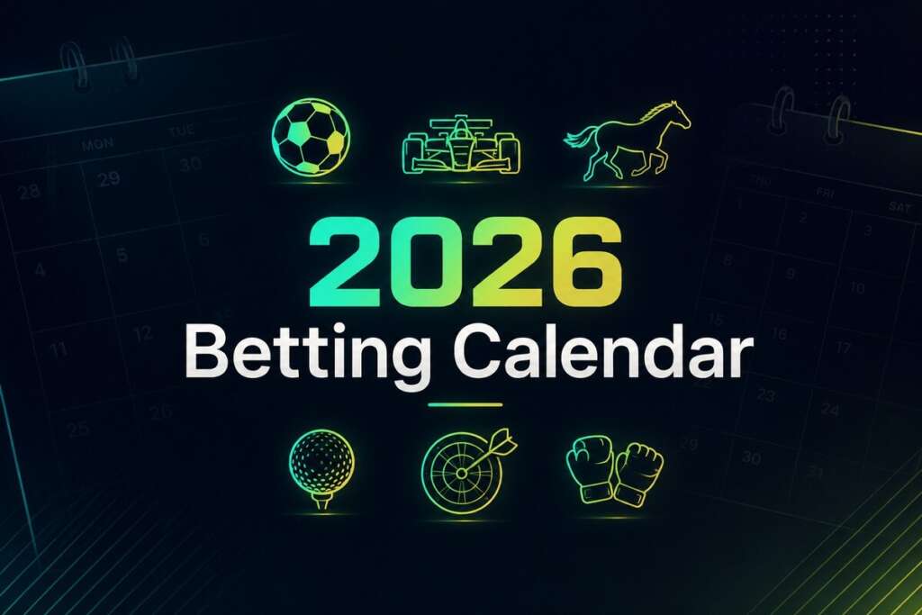2026 sports betting calendar image with neon icons for football, F1, horse racing, golf, darts, and MMA.