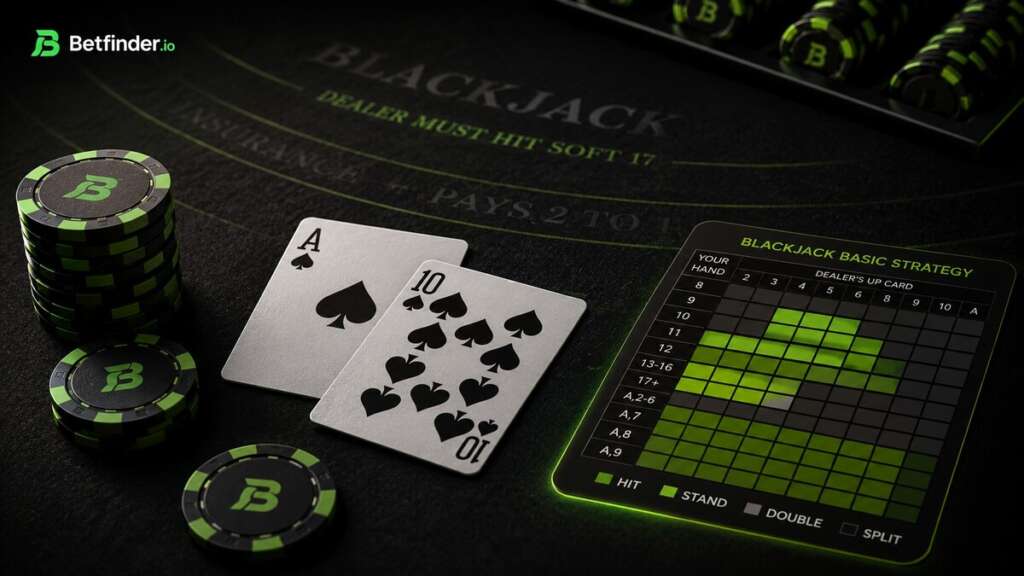 Blackjack basic strategy guide image showing cards, chips and an abstract strategy chart