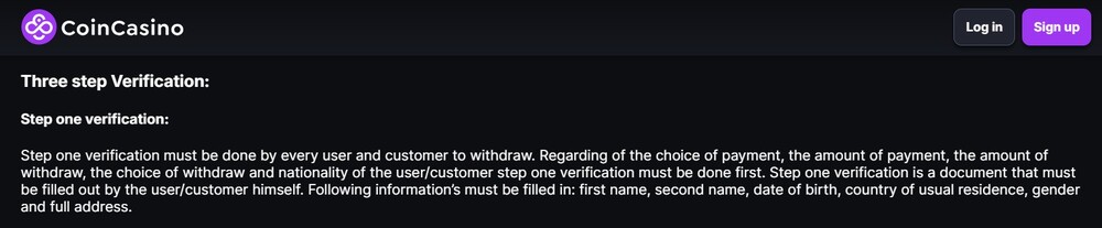 Screenshot from CoinCasino AML policy stating that step one verification must be completed by every user to withdraw.