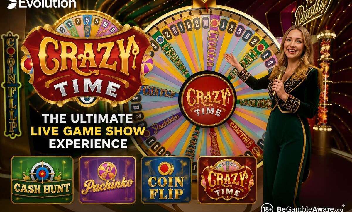 Crazy Time live casino game show with presenter, prize wheel and bonus game panels