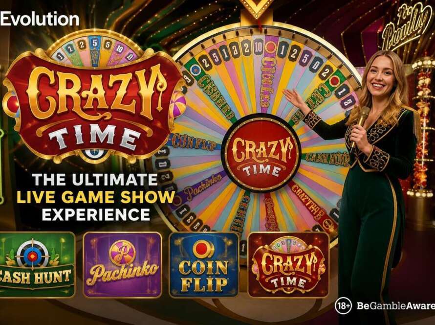 Crazy Time live casino game show with presenter, prize wheel and bonus game panels