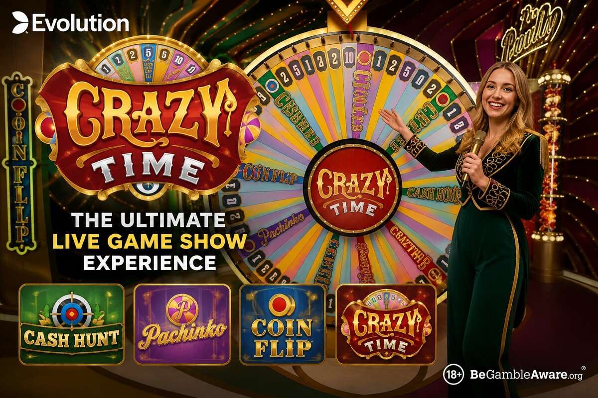 Crazy Time live casino game show with presenter, prize wheel and bonus game panels