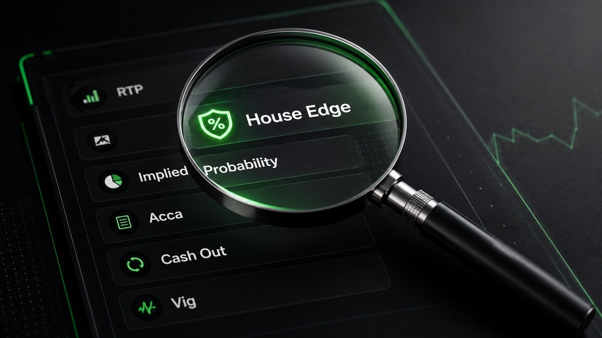 Gambling glossary image with a magnifying glass over betting and casino terms including RTP, house edge, acca, vig, and implied probability.