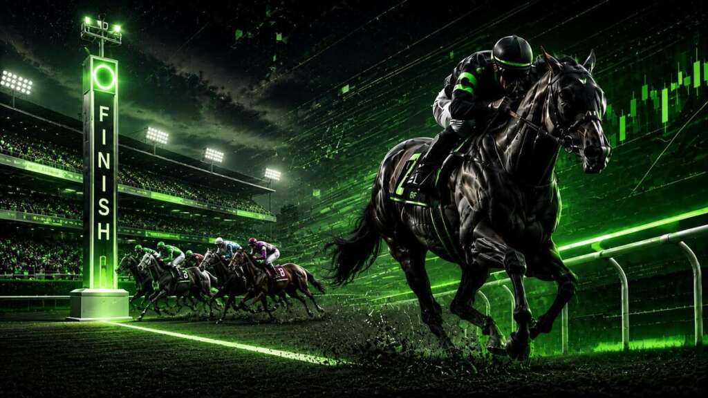 Horse racing betting image with racehorse, jockey, winning post and photo finish