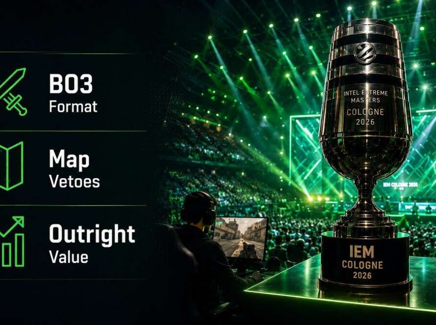 IEM Cologne Major 2026 esports arena with CS2 betting angles for BO3 format, map vetoes, and outright value.