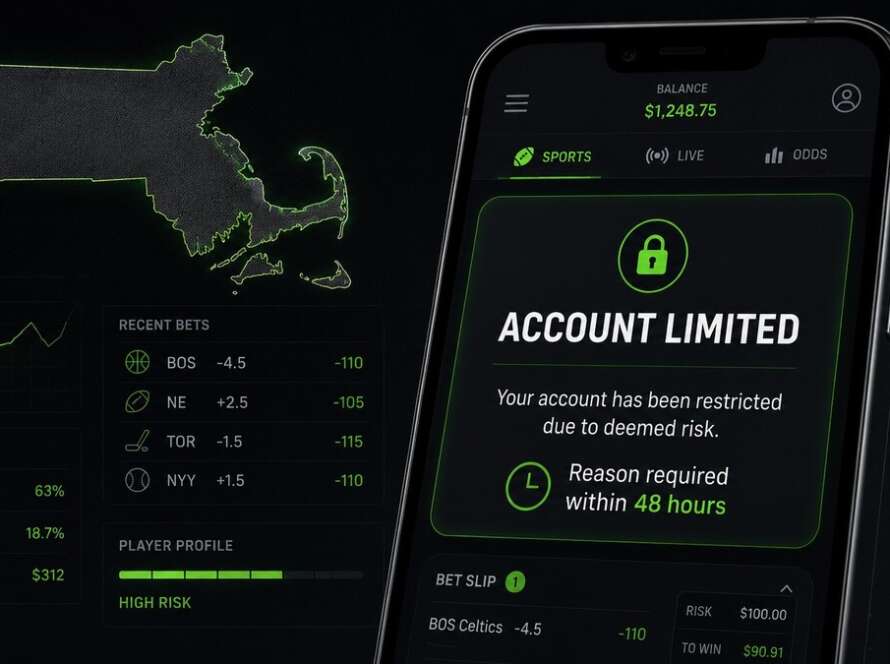 Sports betting app showing an account limited message beside a Massachusetts map outline
