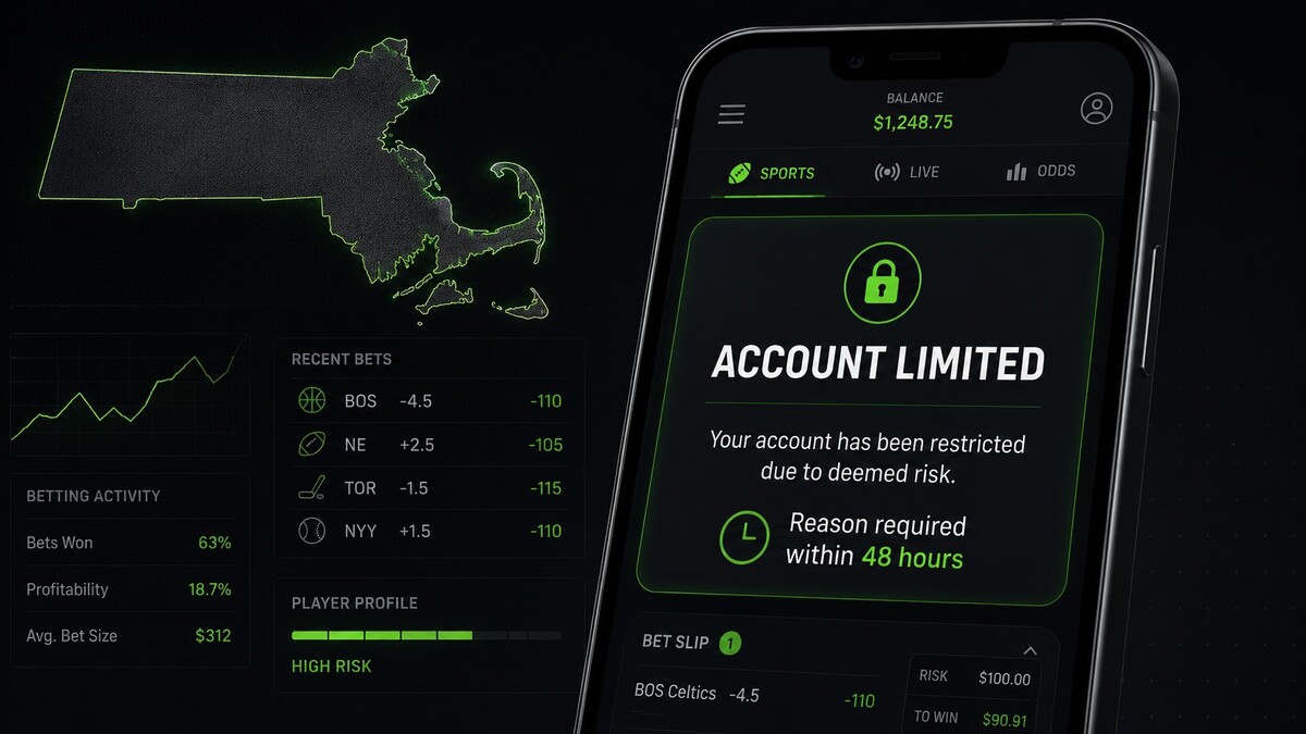Sports betting app showing an account limited message beside a Massachusetts map outline