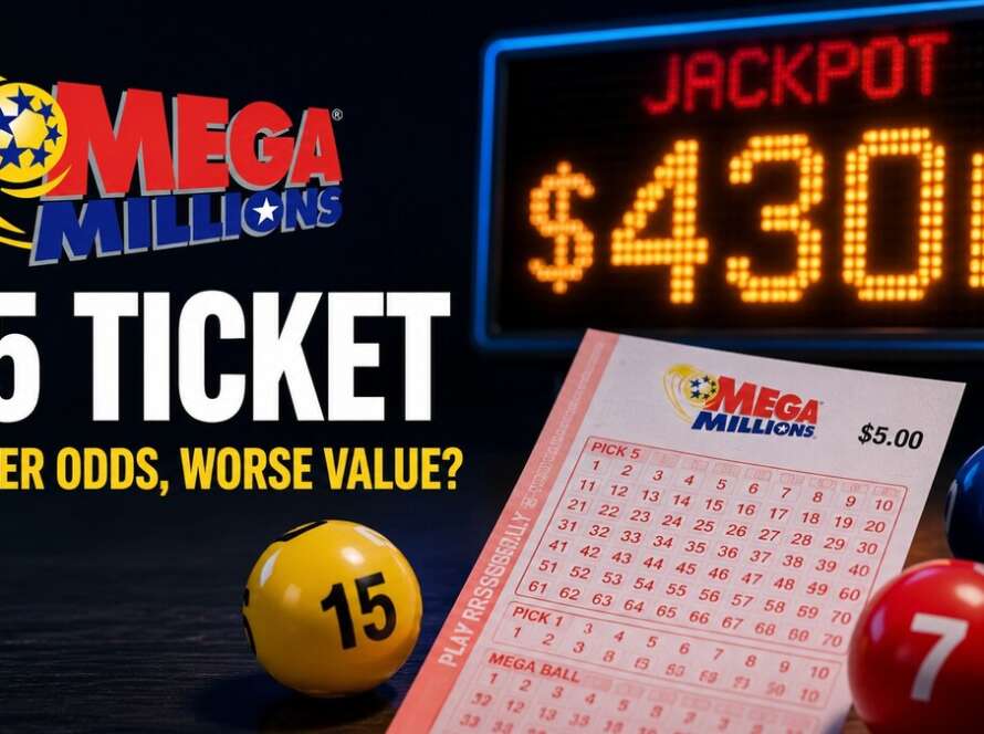 Mega Millions $5 ticket graphic with $430 million jackpot and lottery balls