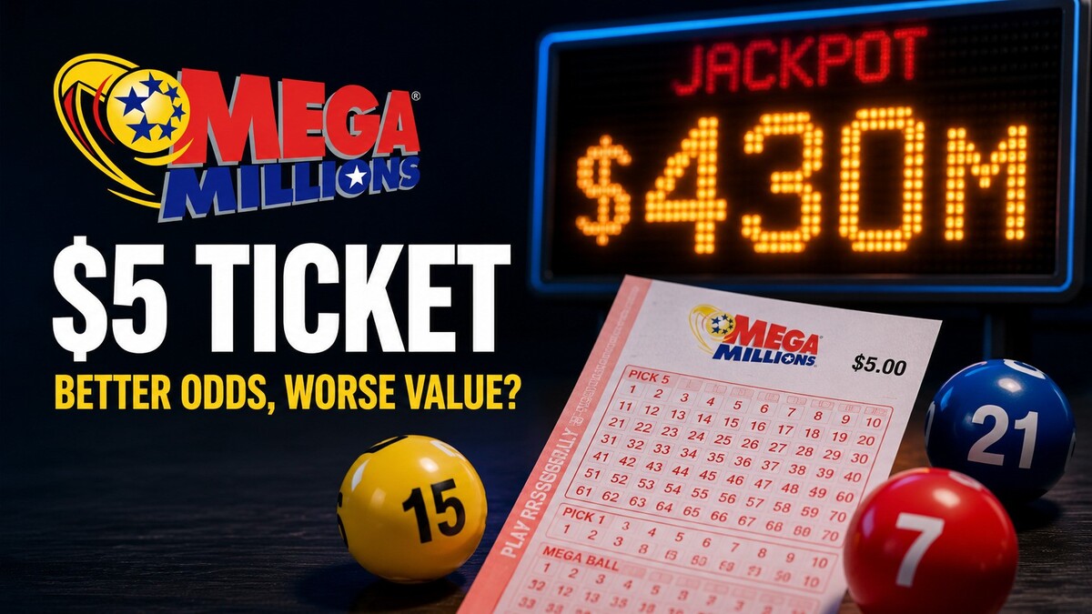 Mega Millions $5 ticket graphic with $430 million jackpot and lottery balls
