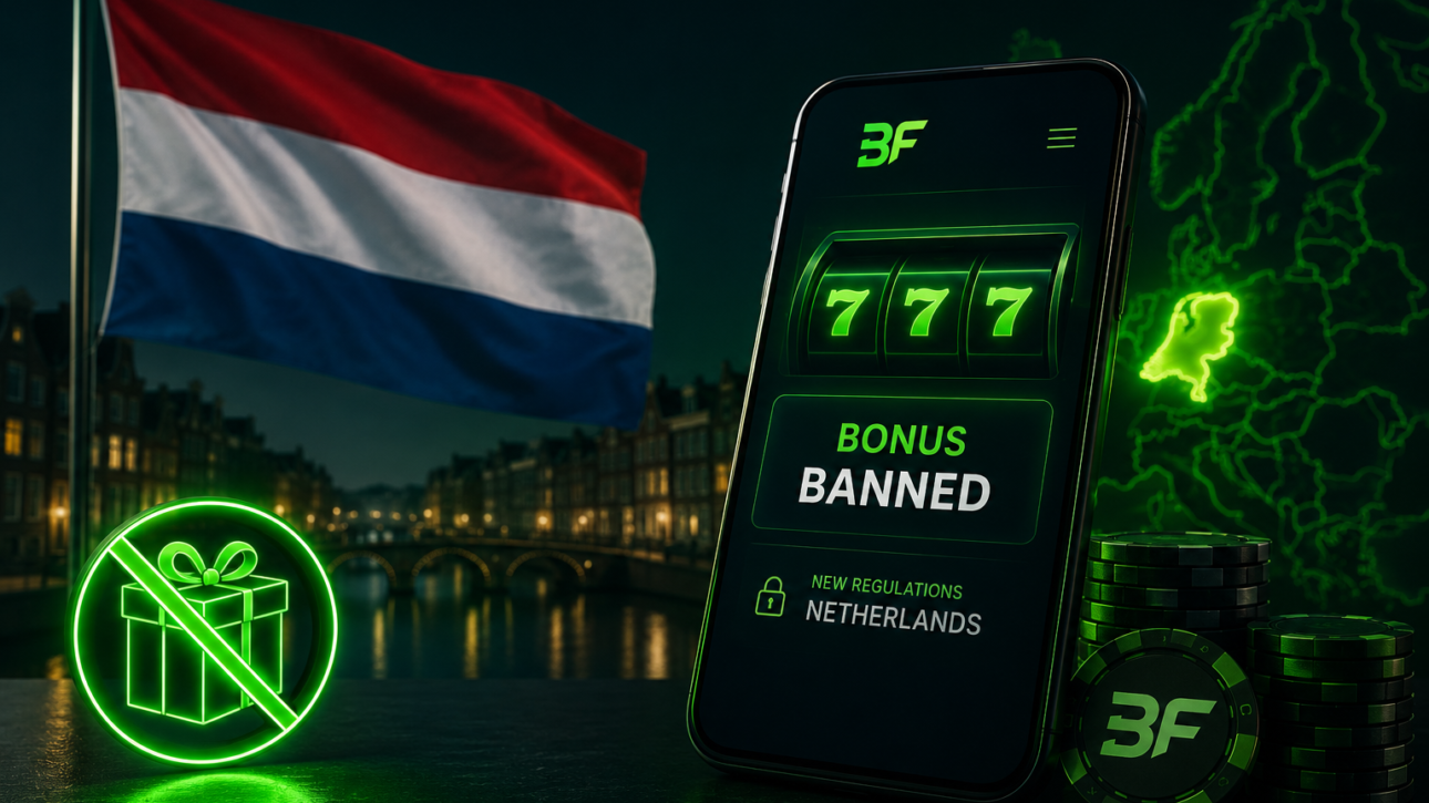 Dutch flag, online casino app, and bonus ban symbol showing the proposed Netherlands online casino bonus ban