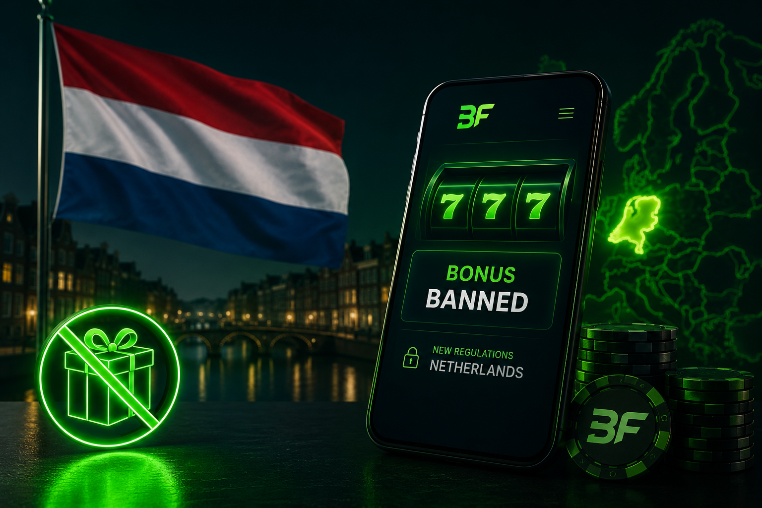 Dutch flag, online casino app, and bonus ban symbol showing the proposed Netherlands online casino bonus ban