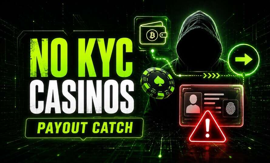Betfinder featured image for a no KYC crypto casinos article, showing a hooded figure, crypto wallet, payout arrow, and ID warning.