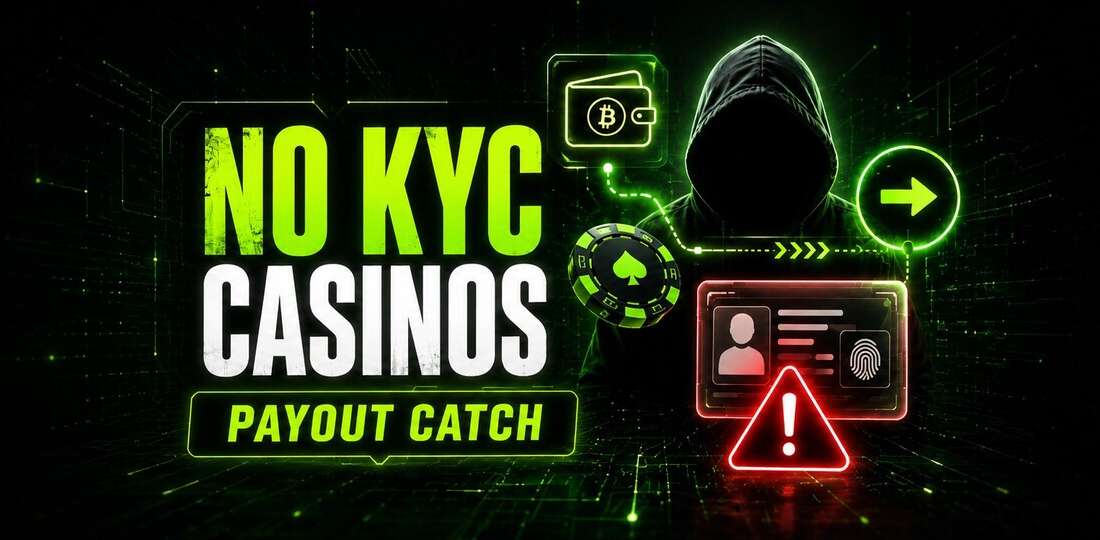 Betfinder featured image for a no KYC crypto casinos article, showing a hooded figure, crypto wallet, payout arrow, and ID warning.