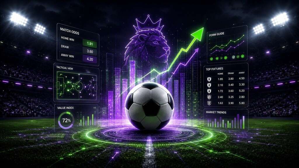 Football featured image for a Premier League betting guide, showing a ball in a stadium with betting odds, form charts, and match analysis graphics.