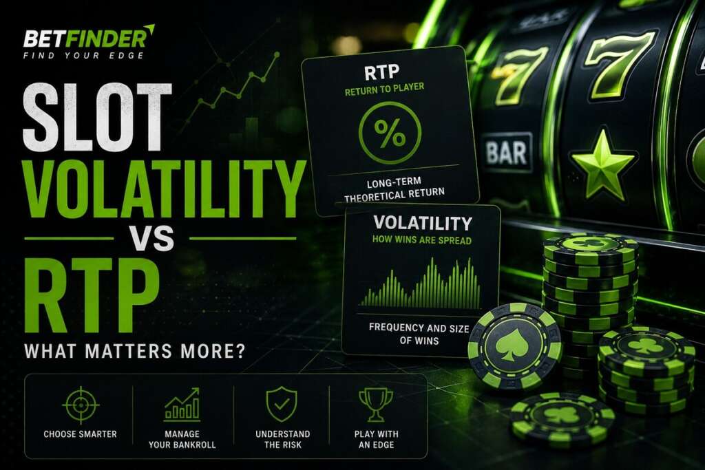 Slot volatility vs RTP graphic showing slot reels, chips and return-to-player data