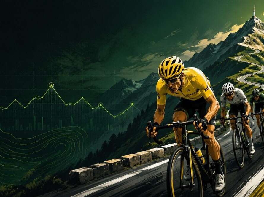 Stylised Tour de France scene with cyclists climbing an alpine road and betting data graphics in Betfinder colours