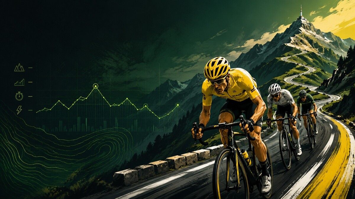 Stylised Tour de France scene with cyclists climbing an alpine road and betting data graphics in Betfinder colours