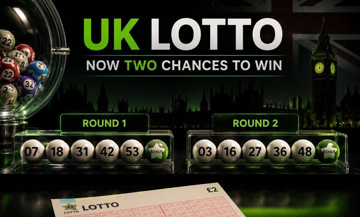 UK Lotto balls showing two draw rounds for the new Lotto two chances per ticket format