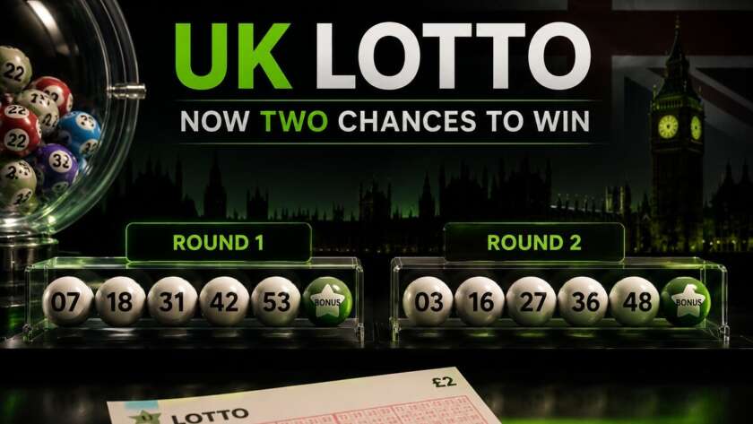 UK Lotto balls showing two draw rounds for the new Lotto two chances per ticket format