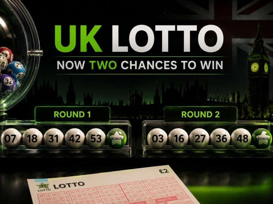UK Lotto balls showing two draw rounds for the new Lotto two chances per ticket format