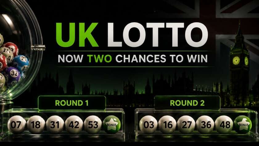 UK Lotto balls showing two draw rounds for the new Lotto two chances per ticket format