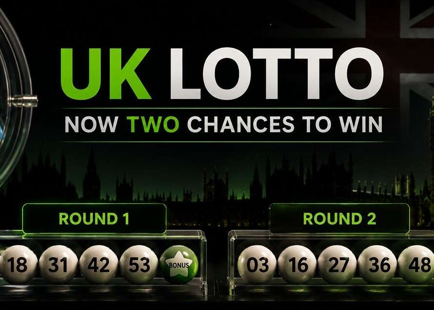 UK Lotto balls showing two draw rounds for the new Lotto two chances per ticket format