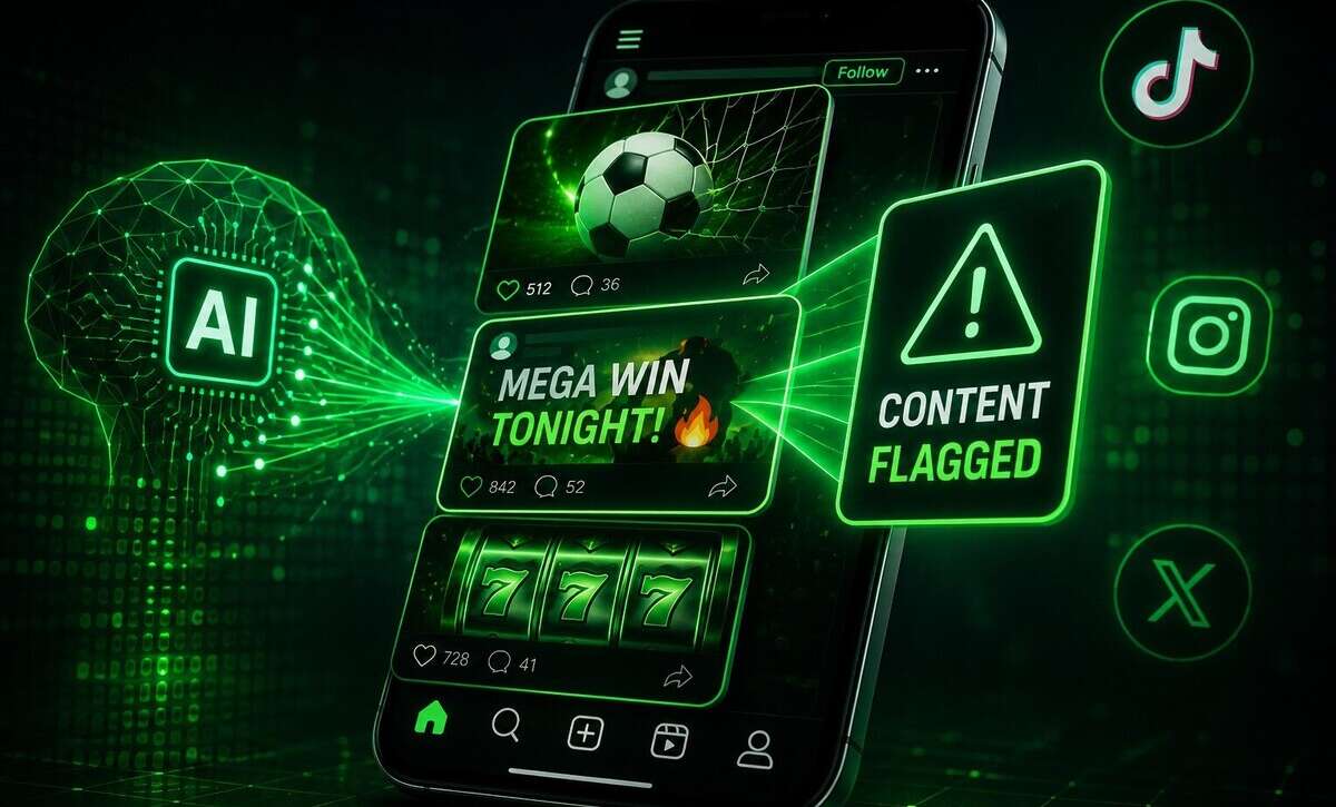 Neon green AI scanner flagging gambling content on social media