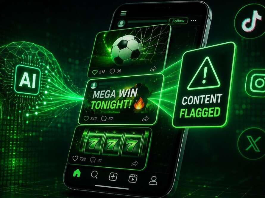 Neon green AI scanner flagging gambling content on social media