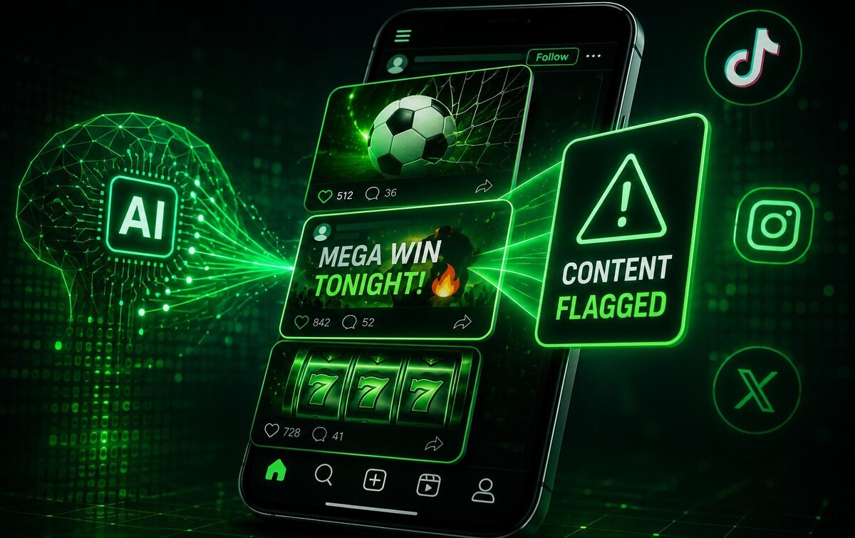 Neon green AI scanner flagging gambling content on social media