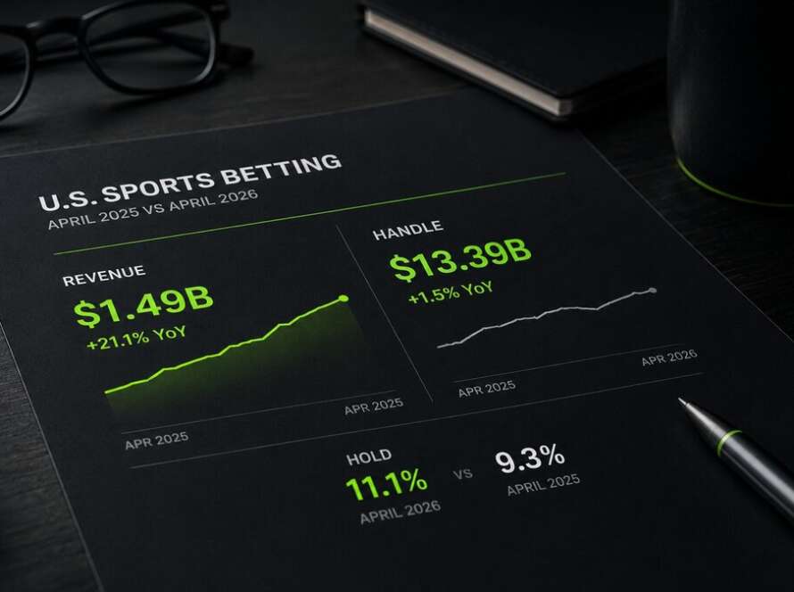 Alt text: US sports betting report showing April 2026 revenue, handle and hold rate data