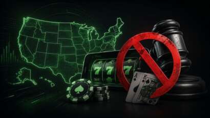Featured image showing a US map, slot machine, judge’s gavel and ban symbol in Betfinder’s dark and neon green style