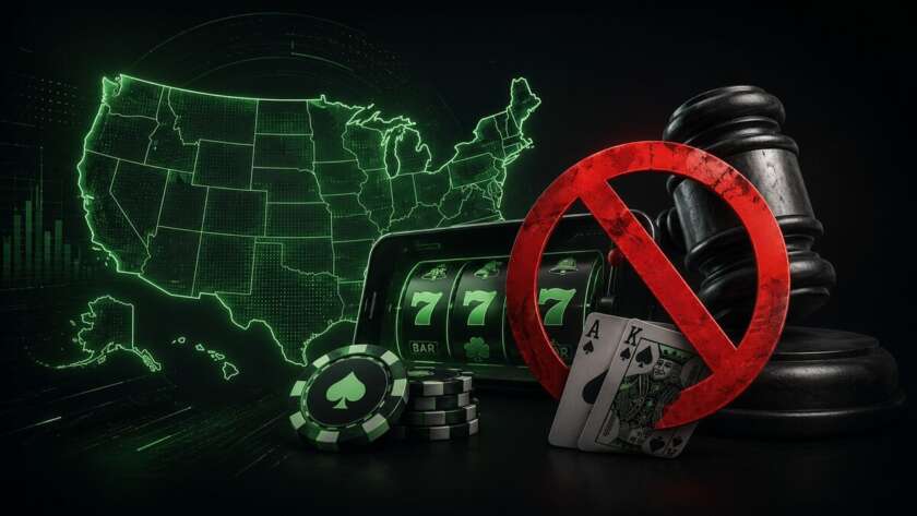 Featured image showing a US map, slot machine, judge’s gavel and ban symbol in Betfinder’s dark and neon green style