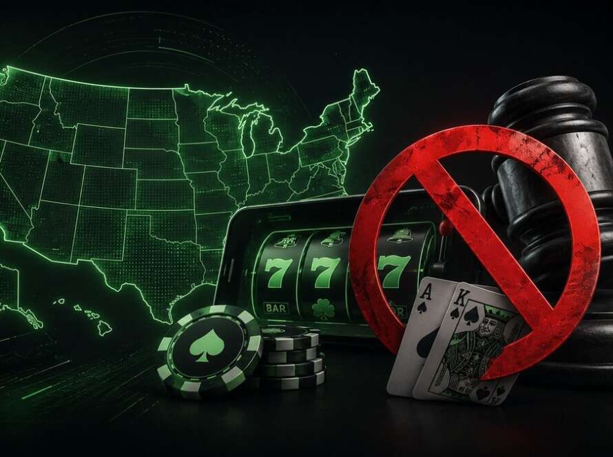 Featured image showing a US map, slot machine, judge’s gavel and ban symbol in Betfinder’s dark and neon green style