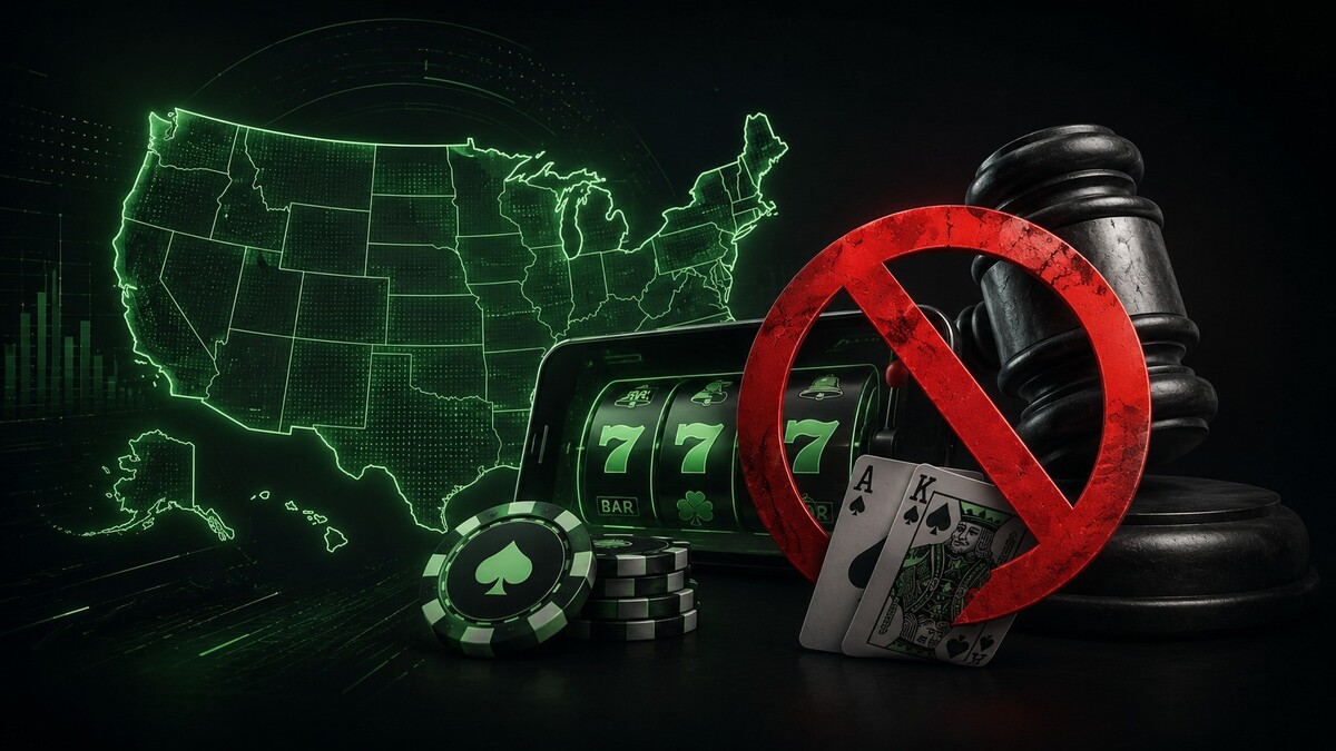 Featured image showing a US map, slot machine, judge’s gavel and ban symbol in Betfinder’s dark and neon green style