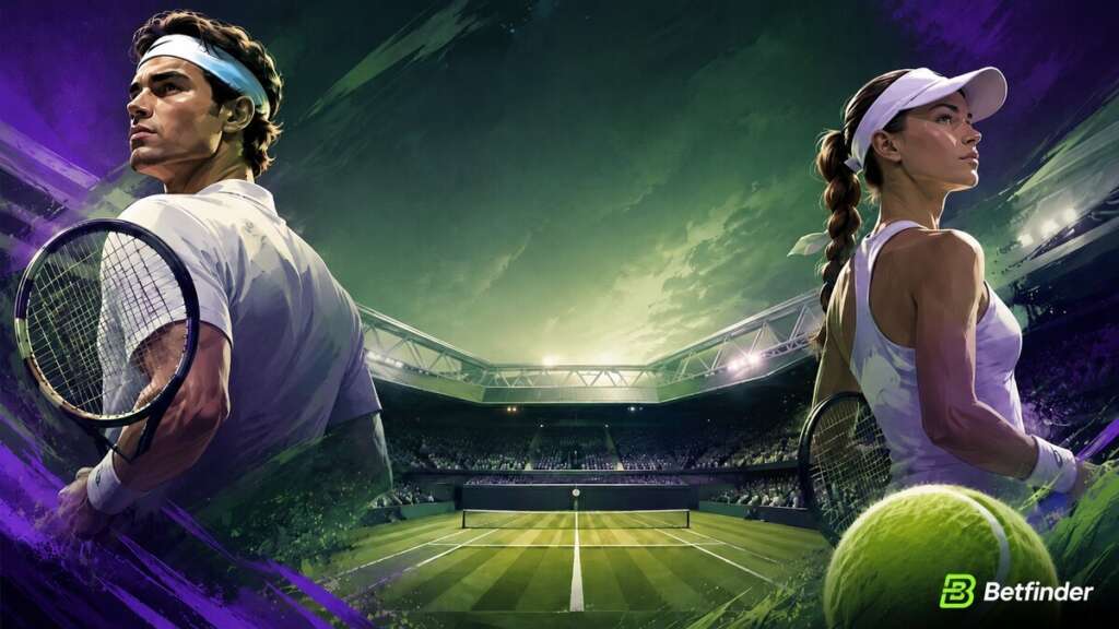 Illustrated Wimbledon-style tennis scene with two leading players, Centre Court and Betfinder logo
