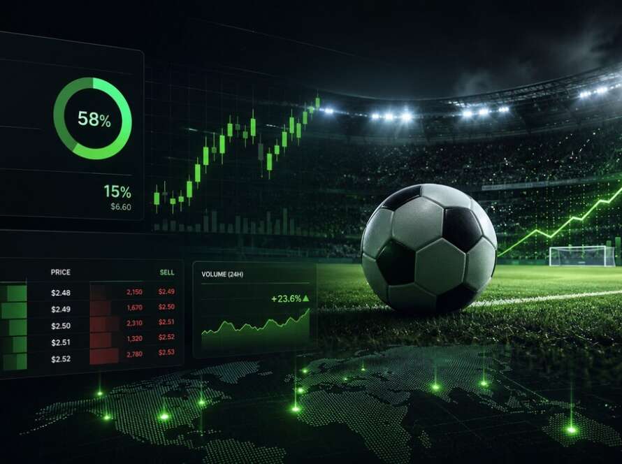 World Cup prediction markets featured image showing a football stadium with trading charts, market odds and neon green Betfinder-style data graphics