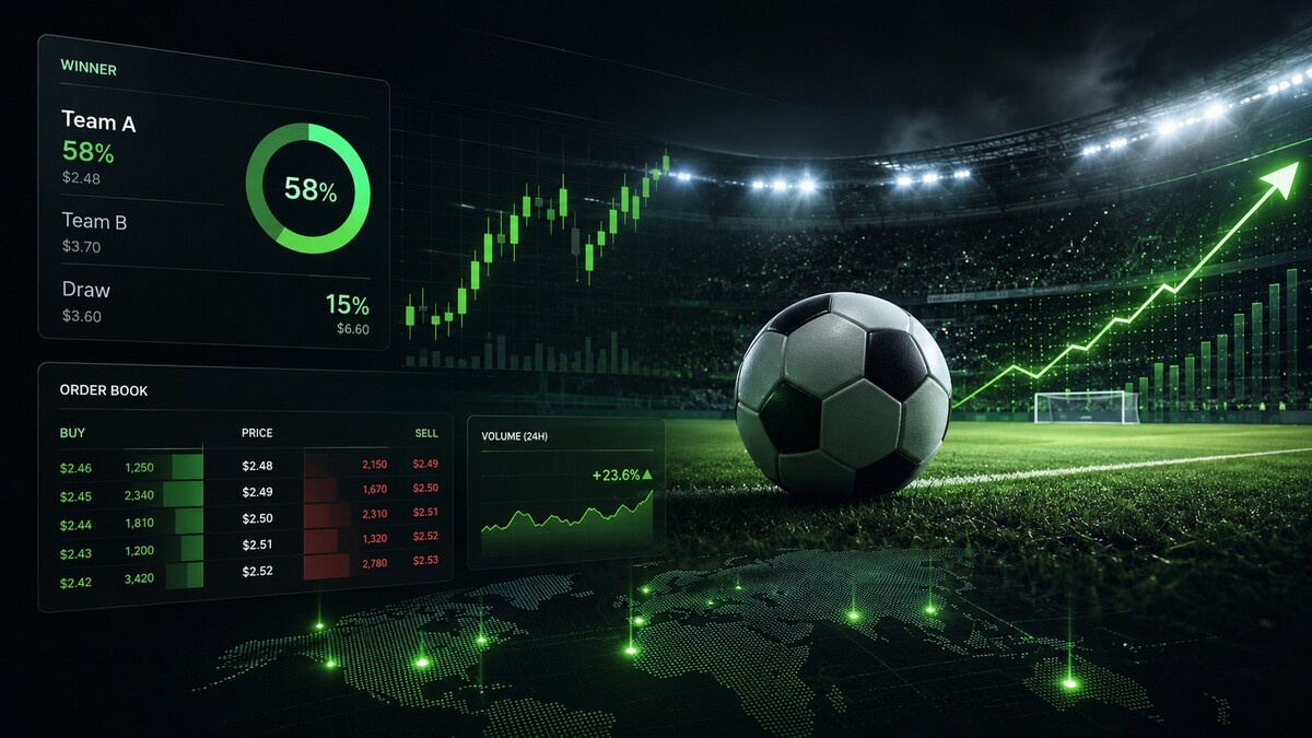 World Cup prediction markets featured image showing a football stadium with trading charts, market odds and neon green Betfinder-style data graphics