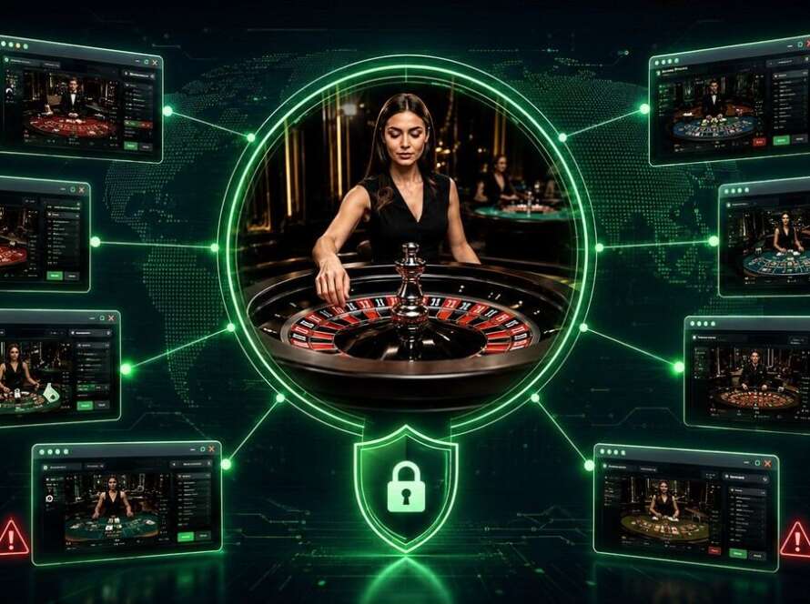 Evolution casino games distributed across multiple websites with regulatory warning symbols