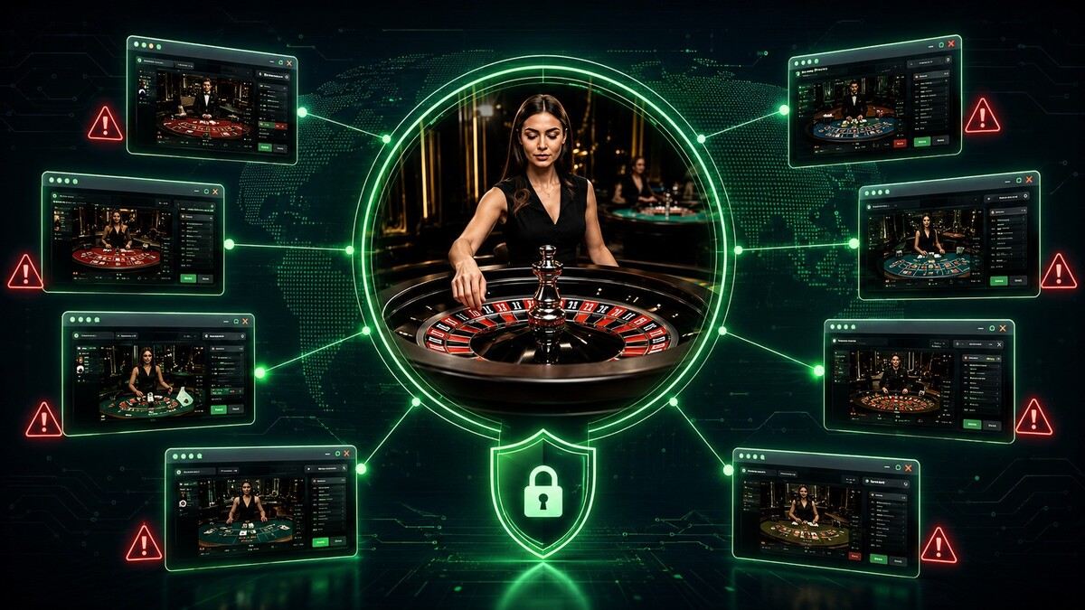 Evolution casino games distributed across multiple websites with regulatory warning symbols